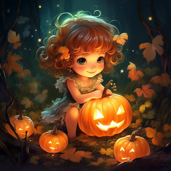 holčička s krásně osvětlenou vyřezanou halloweenskou dýní, ilustrace